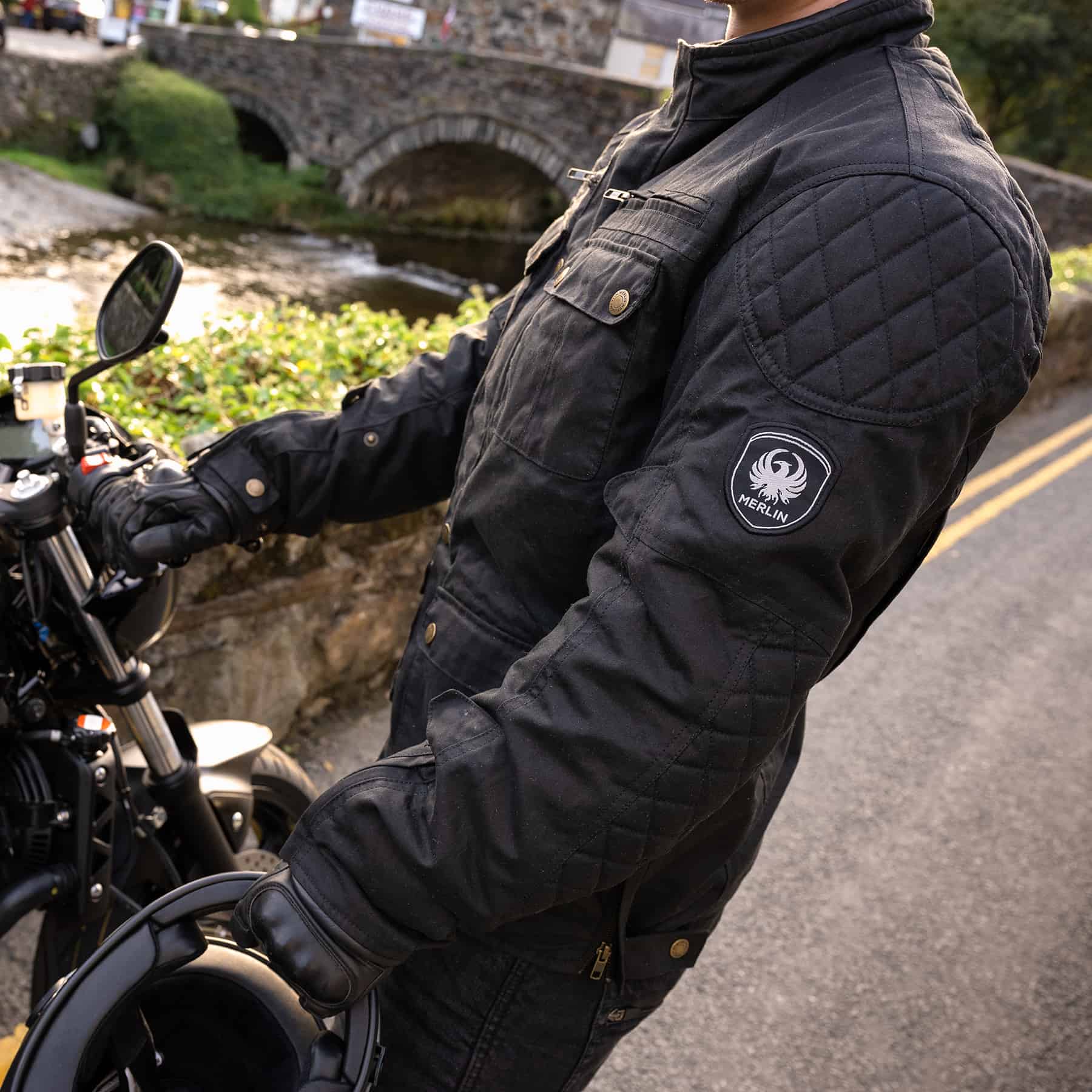 Merlin Yoxall II waxed cotton motorcycle jacket in black