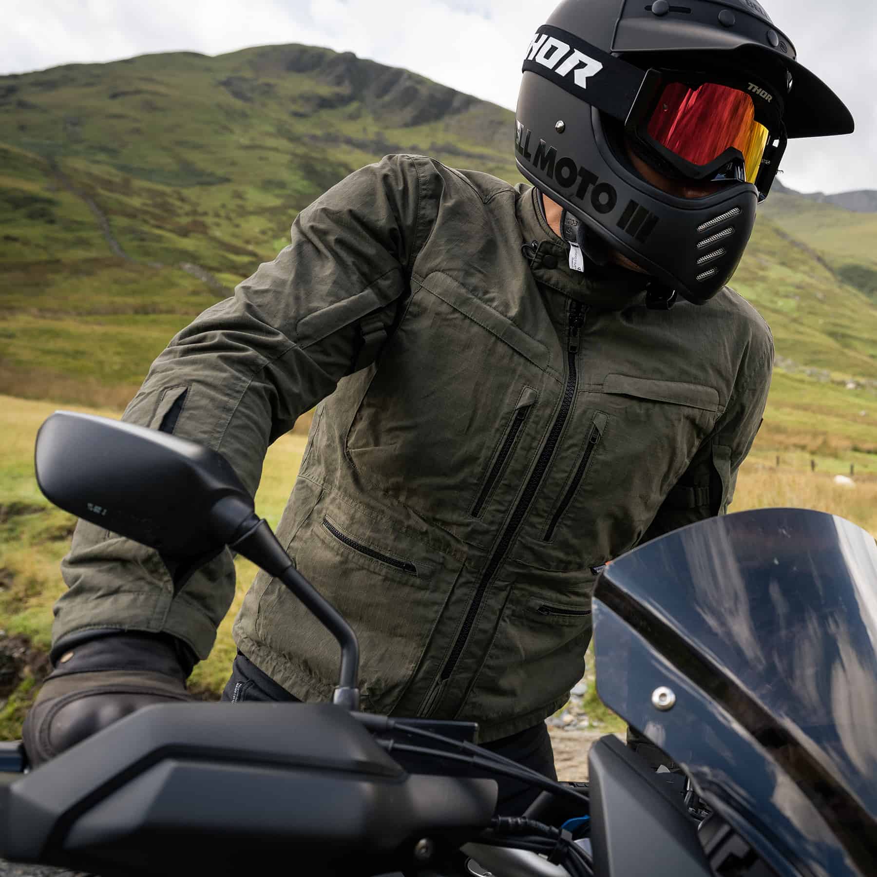 Merlin Drifter Explorer motorcycle jacket in olive