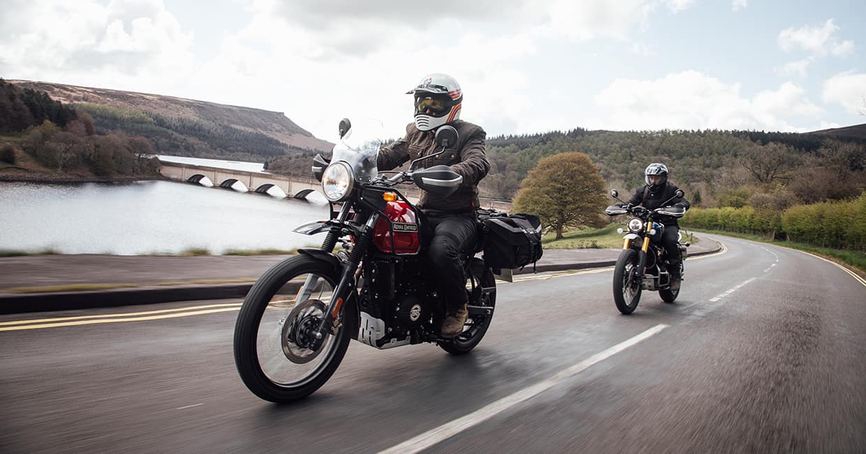 Lifestyle image of Merlin Motorcycle jackets on Royal Enfield Himalayan and Triumph Scrambler 1200