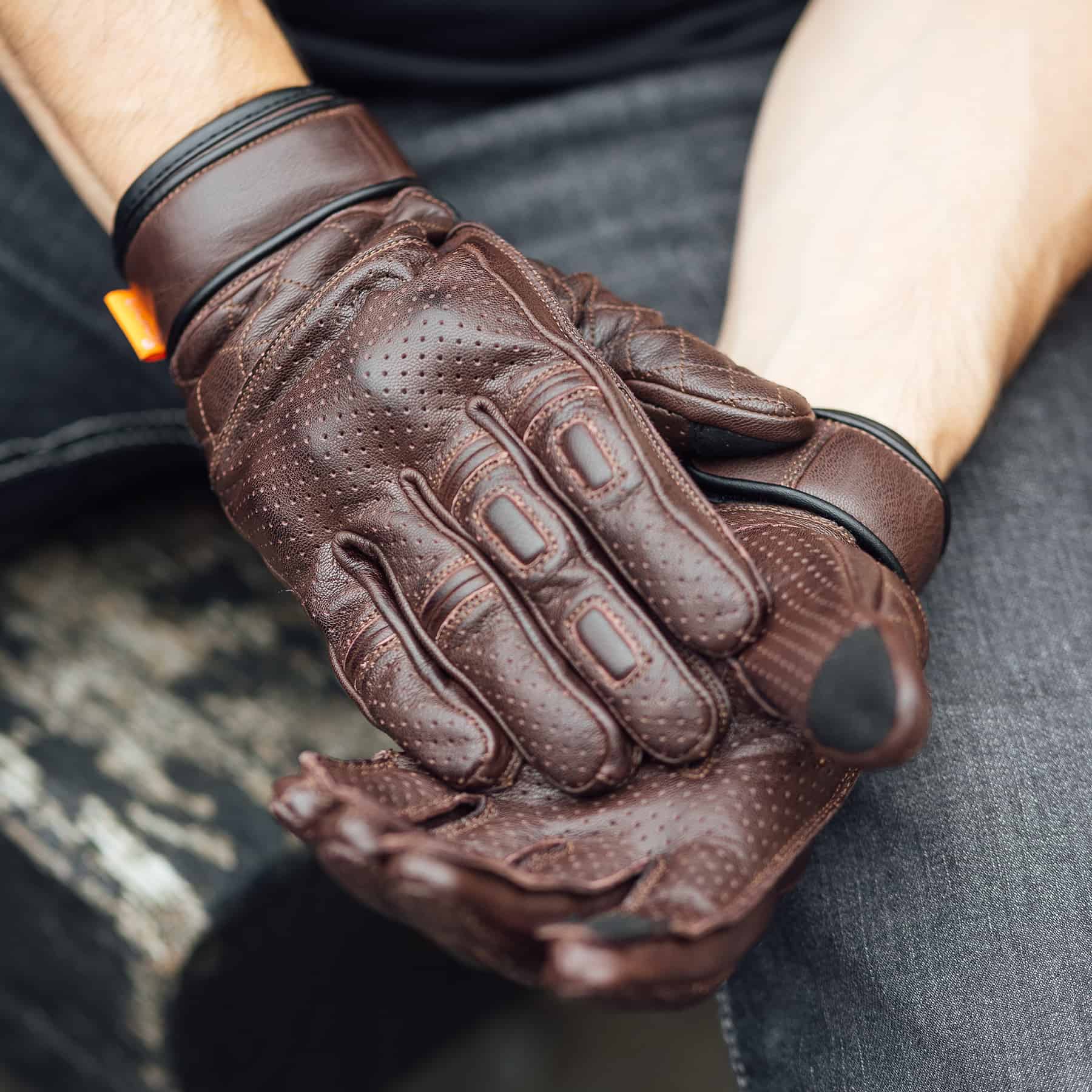 thumbnail interactive-video image 1 of RH Men's Vintage Cruiser Motorcycle Leather Gloves – Brown Cowhide, Pre-Curved Fingers, S-3XL 1 of 2